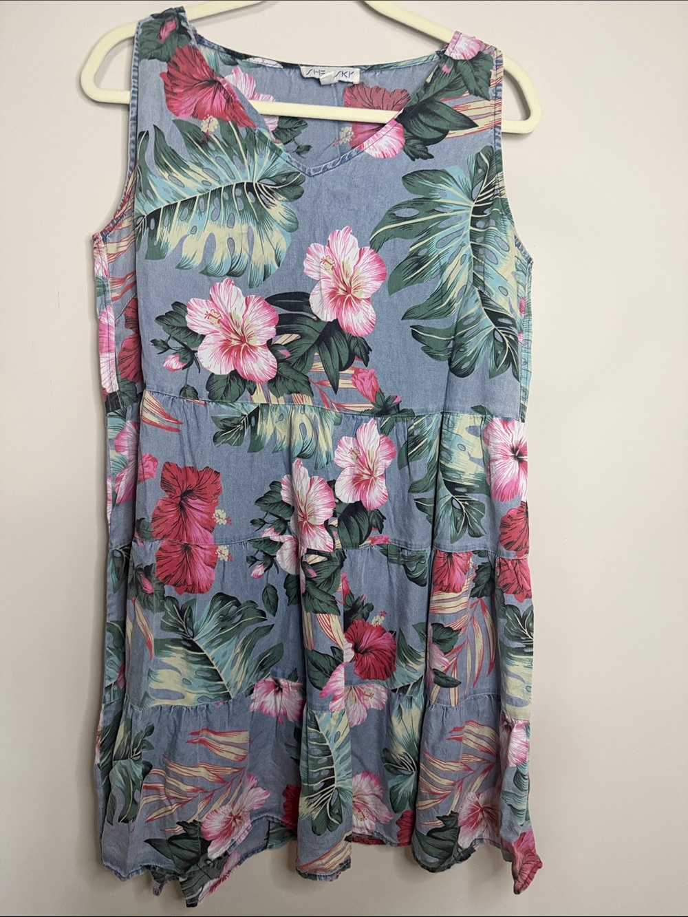 SHE + SKY Floral Tiered Sundress - Pink Floral on Blue